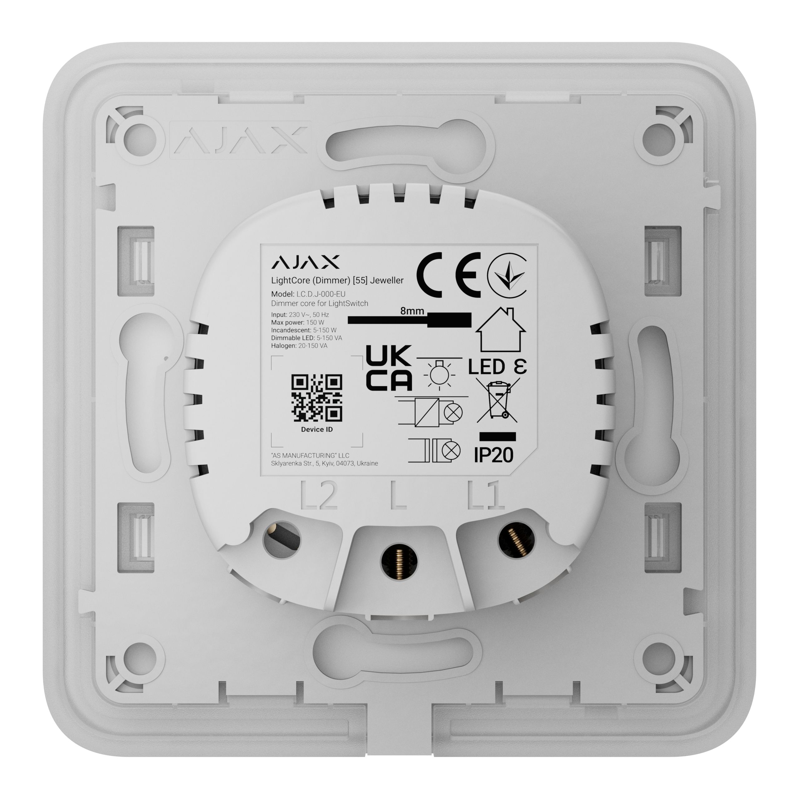 Render – Ajax LightSwitch (Dimmer) Jeweller – white – back LIGHTCORE (DIMMER) - Image 1